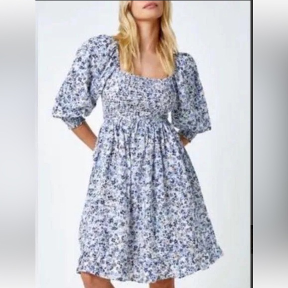 Revolve Super Natural by Secret Mission Blue Floral Chiffon Ruffle Peasant Dress - Picture 3 of 11